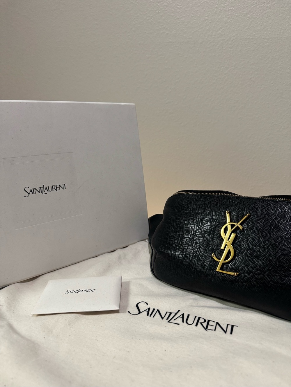 Saint Laurent YSL Cassandre Black Leather Belt Bag Full Set